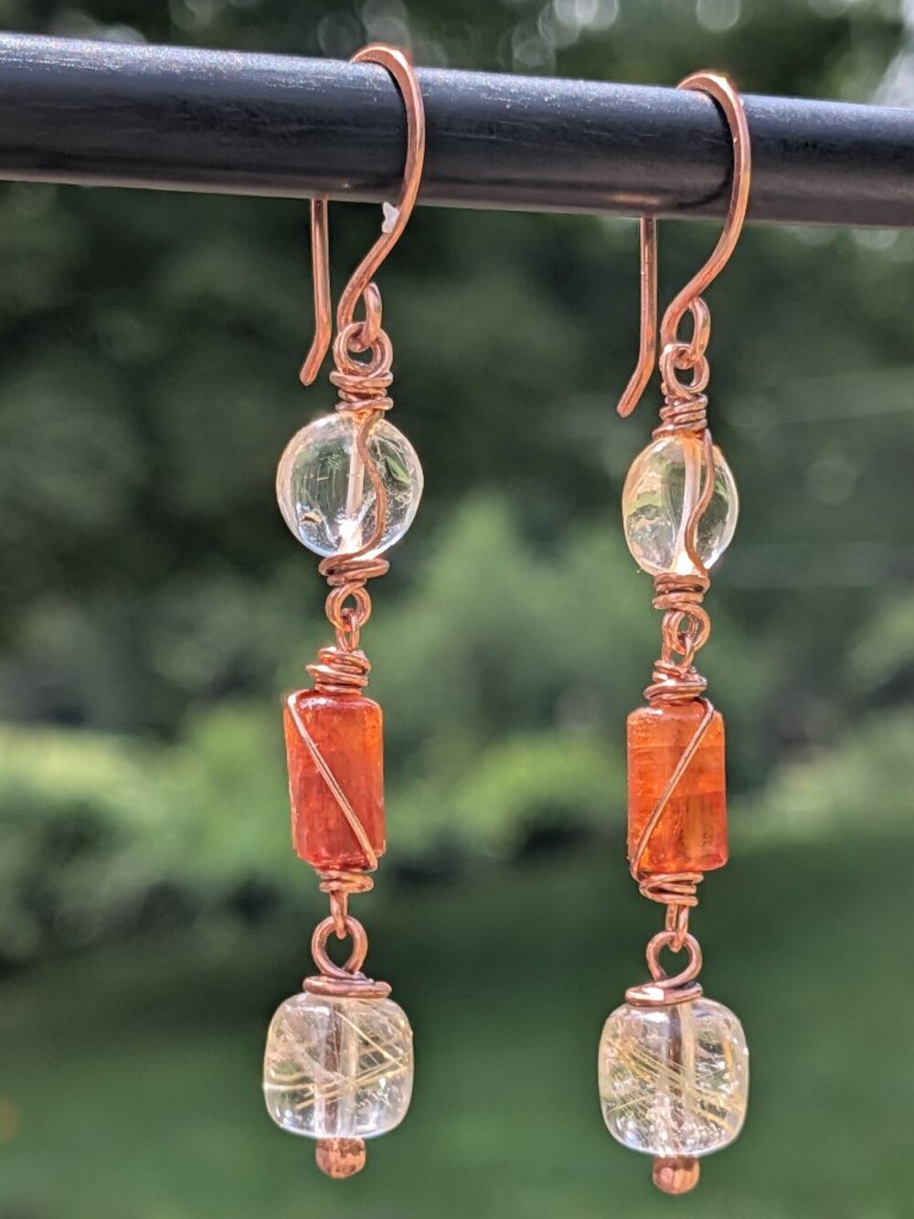 Spessartite Garnet and Rutilated Quartz Copper Earrings